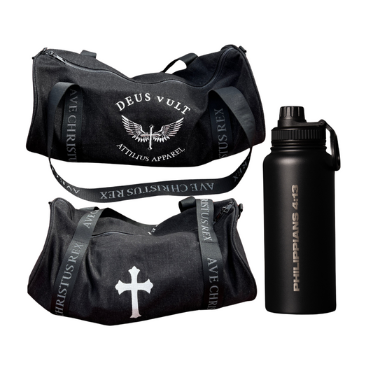 Warrior’s Gear Bundle – Deus Vult Gym Bag + Philippians 4:13 Water Bottle